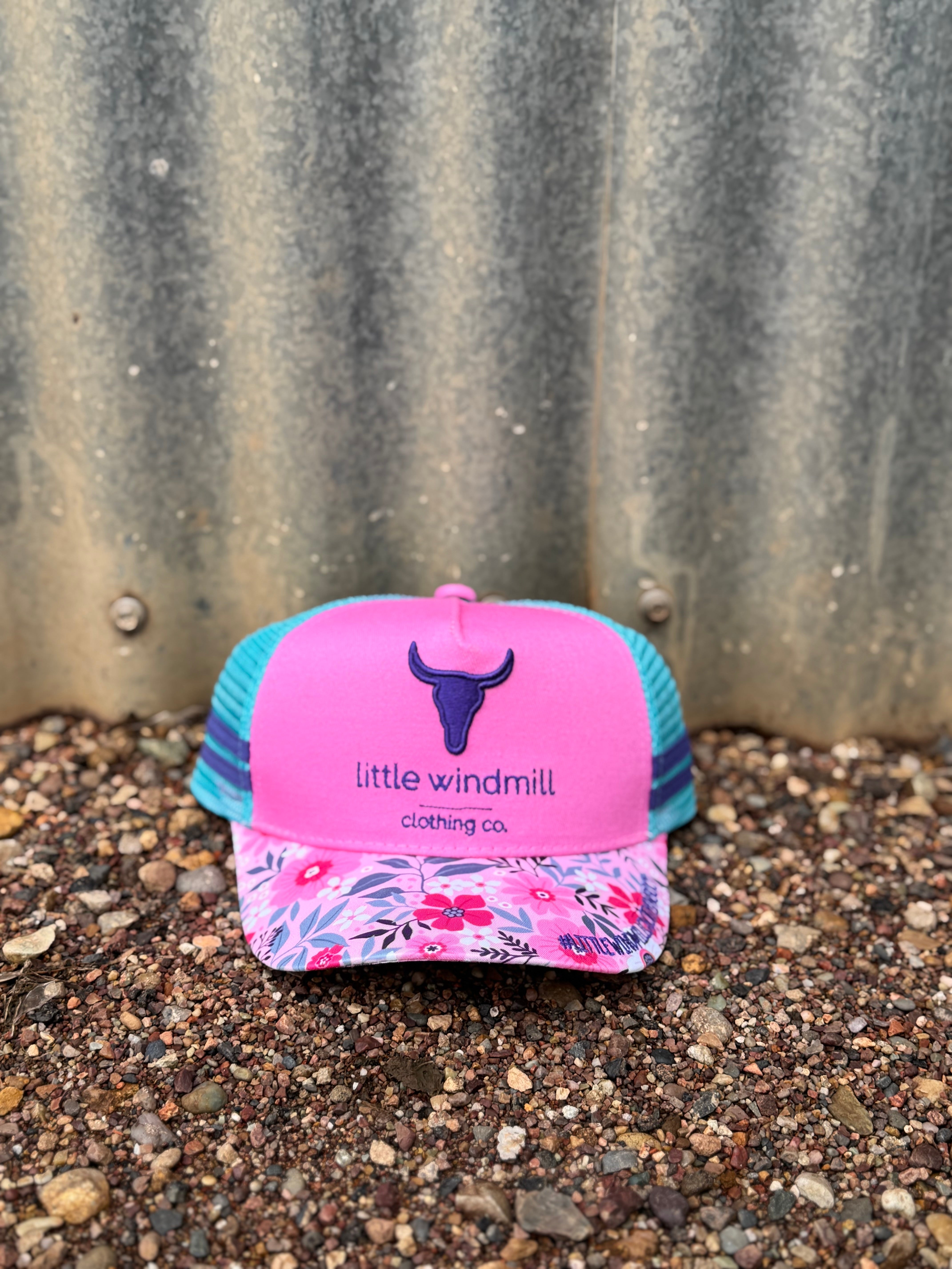 Toddlers and youth teal flower power cap showing bold teal floral pattern in structured cap style