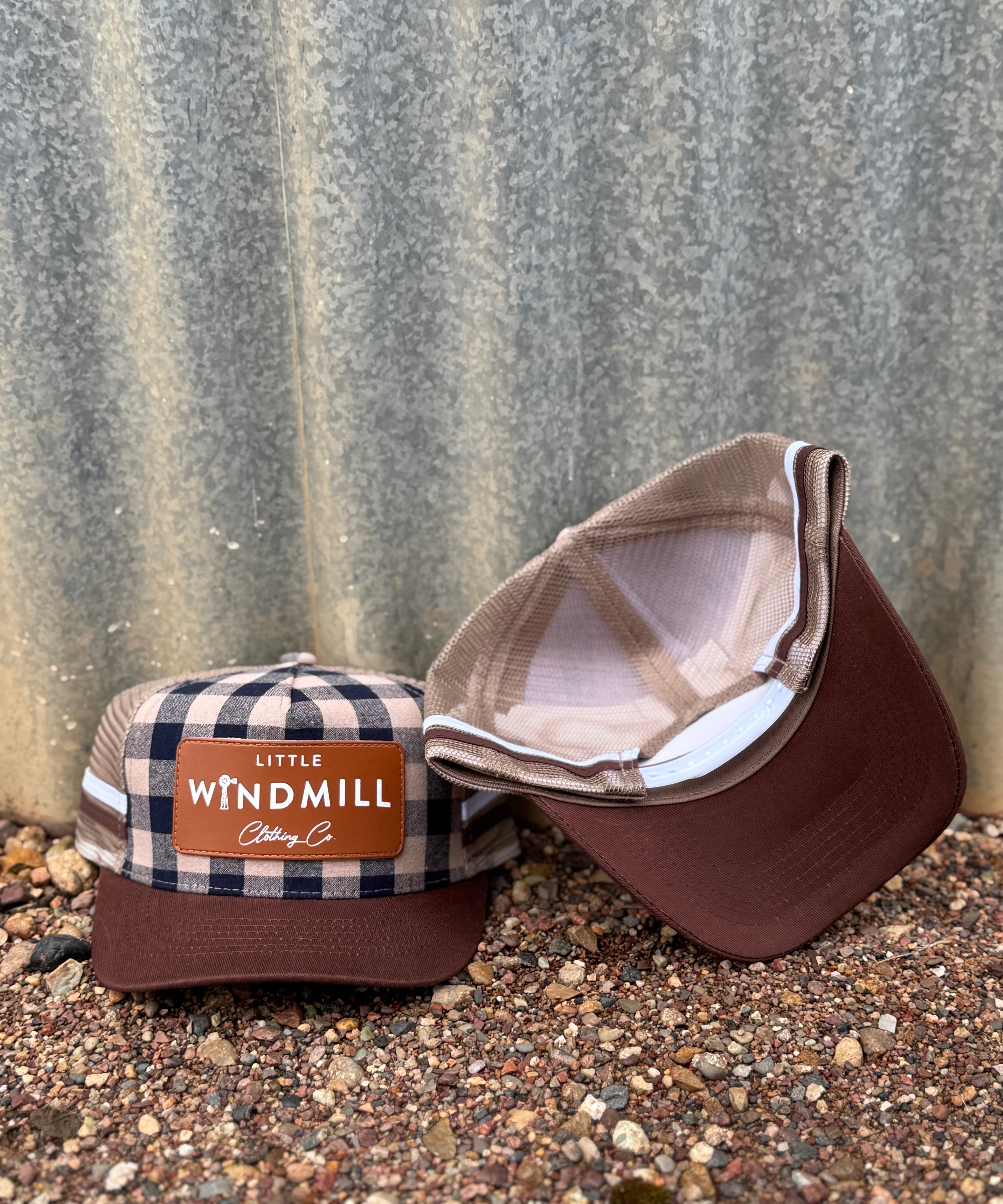 Toddlers and youth checked navy and caramel cap showing classic check pattern in navy and caramel colourway