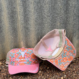 Toddlers and youth floral orange pop cap showing vibrant orange floral print in structured cap style