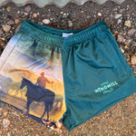 Moss green men's footy shorts flat lay showing full design and colour