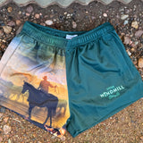 Moss green men's footy shorts flat lay showing full design and colour