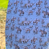 Blue long horn organic cotton swaddle open flat lay showing full size and longhorn pattern