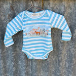 Colt blue stripe jumpsuit snap detail showing easy access for children