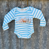 Colt blue stripe jumpsuit snap detail showing easy access for children