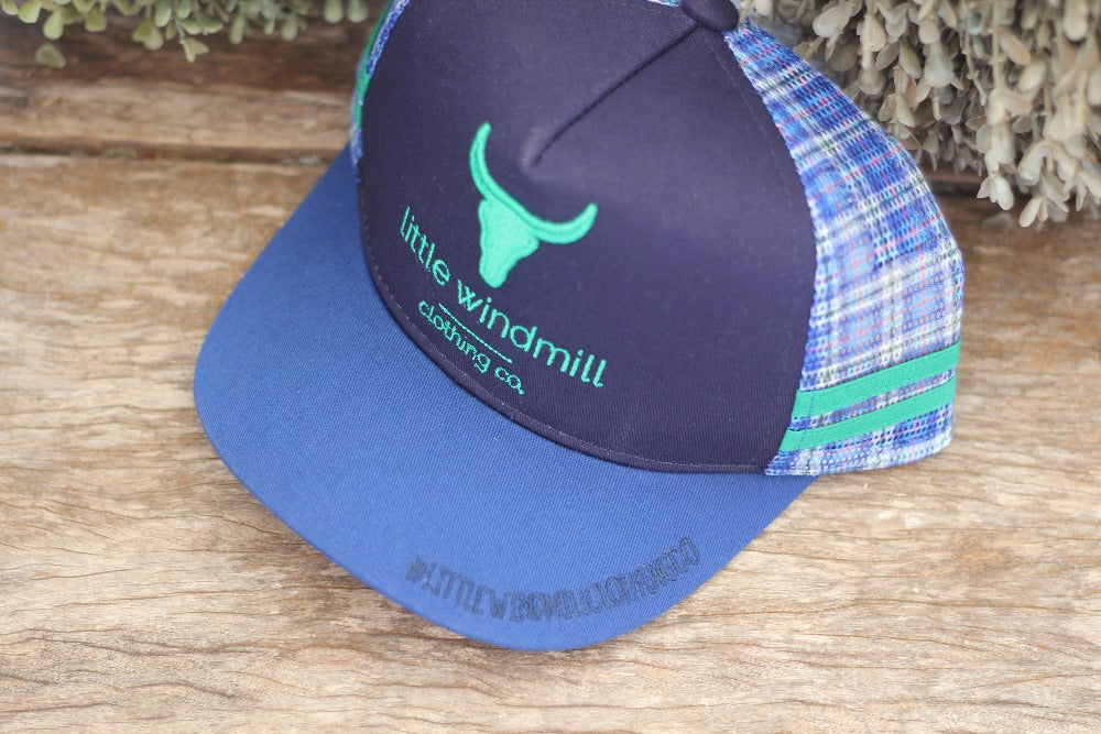 Little Toddlers / Youth Kids Blue Check Trucker Caps-Little Windmill Clothing Co