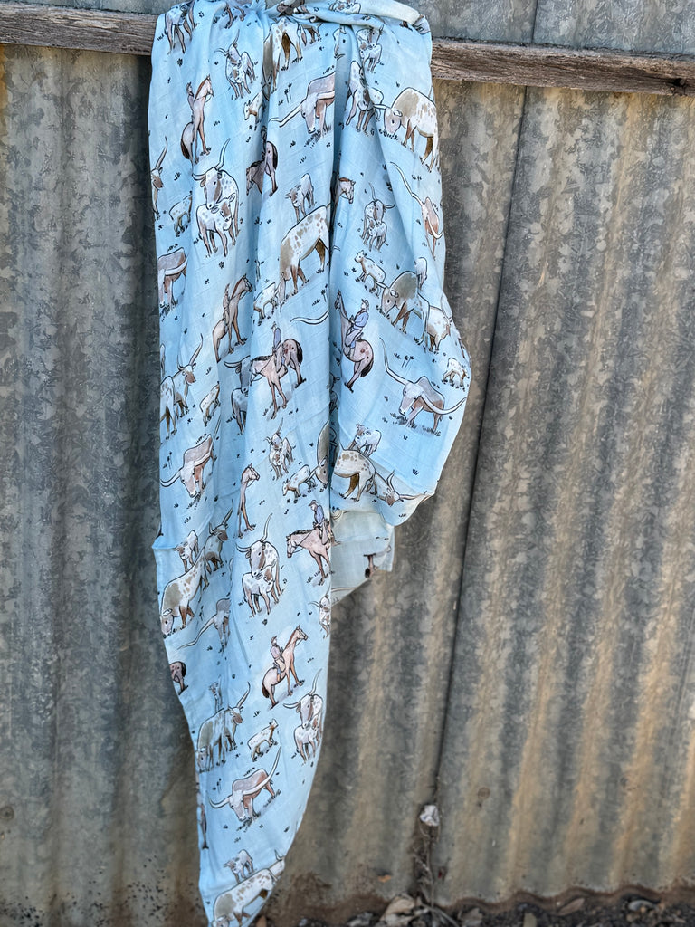 Organic Light Cotton Muslin Blue Longhorn Swaddle-Little Windmill Clothing Co