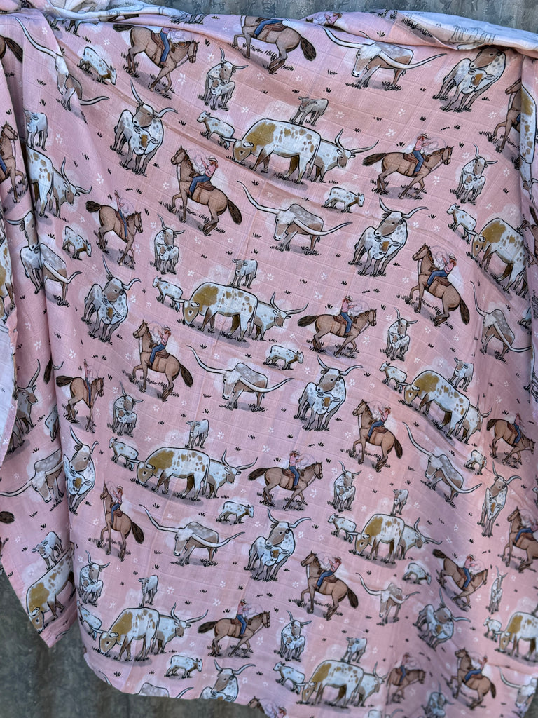 Organic Light Cotton Muslin Pink Longhorn Swaddle-Little Windmill Clothing Co