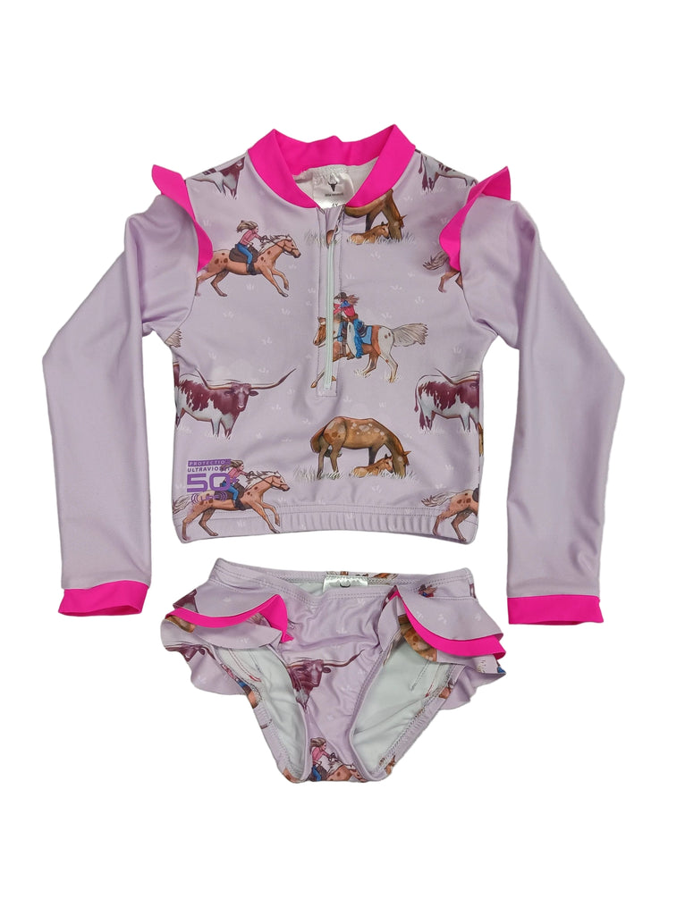 Children's swimwear set with horse print on a light purple background