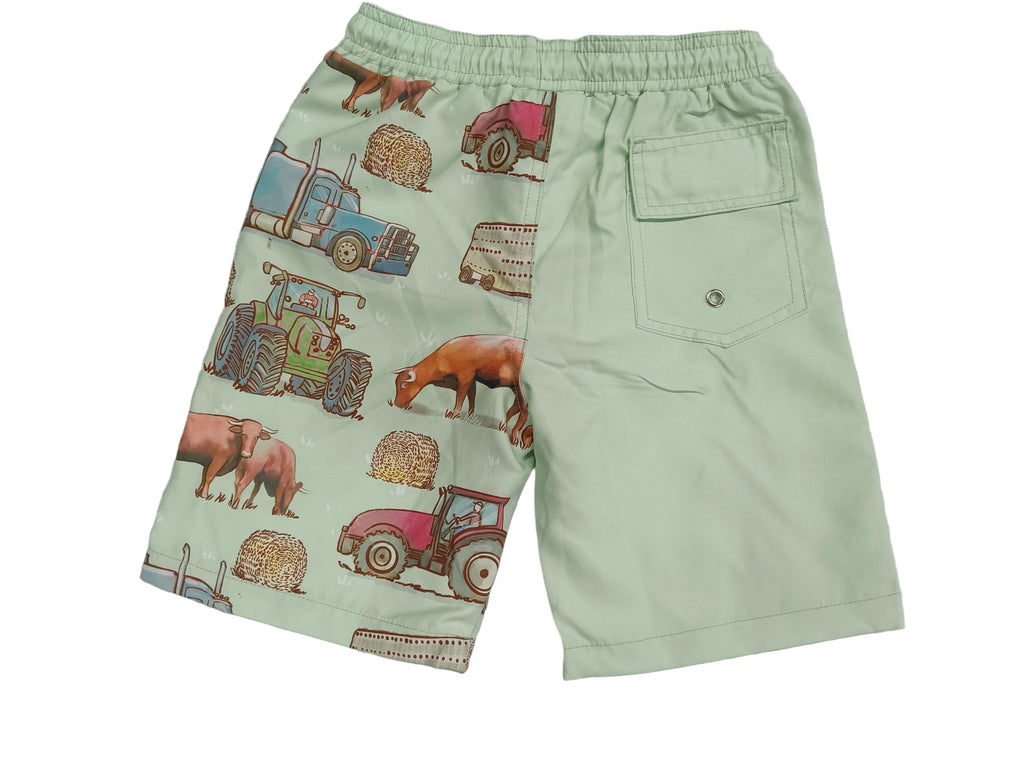 Light green shorts with animal and vehicle pattern on a light green background