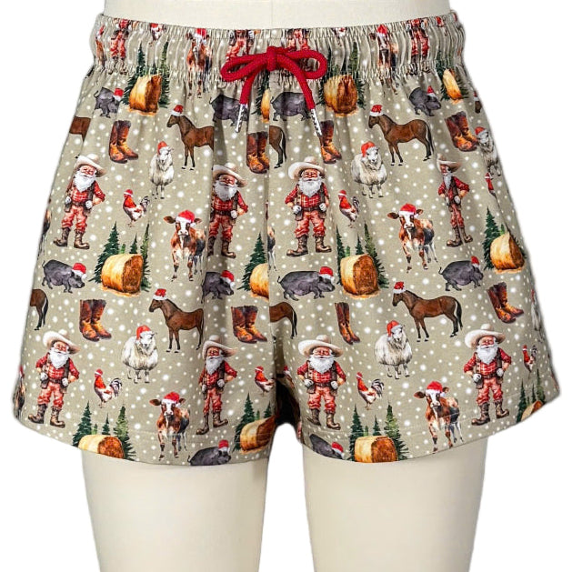 Shorts with a festive pattern on a mannequin against a gray background
