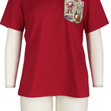 Red t-shirt with a pocket design on a mannequin against a gray background