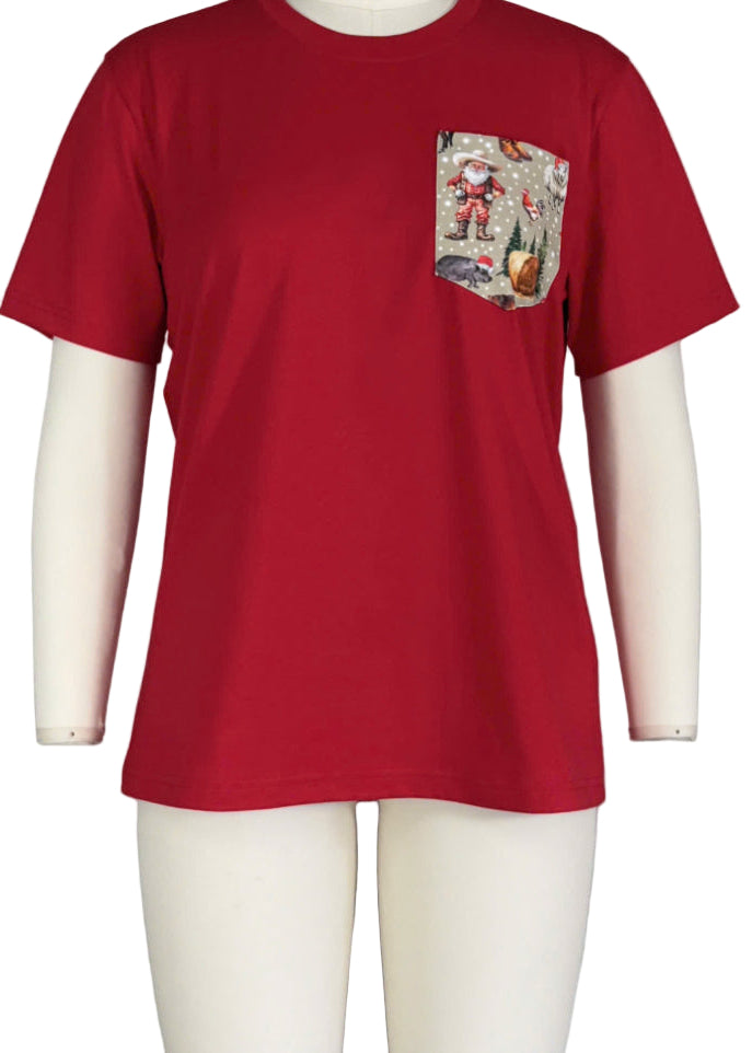 Red t-shirt with a pocket design on a mannequin against a gray background