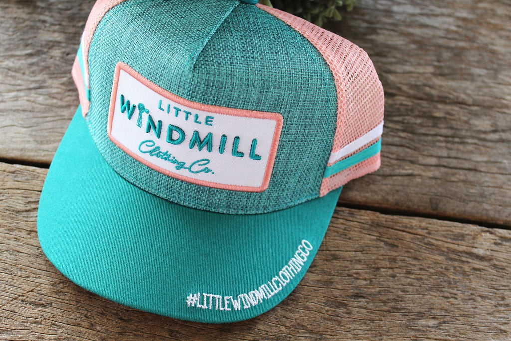 Little Toddlers / Youth Kids Vintage Teal & Powder Pink Trucker Caps-Little Windmill Clothing Co