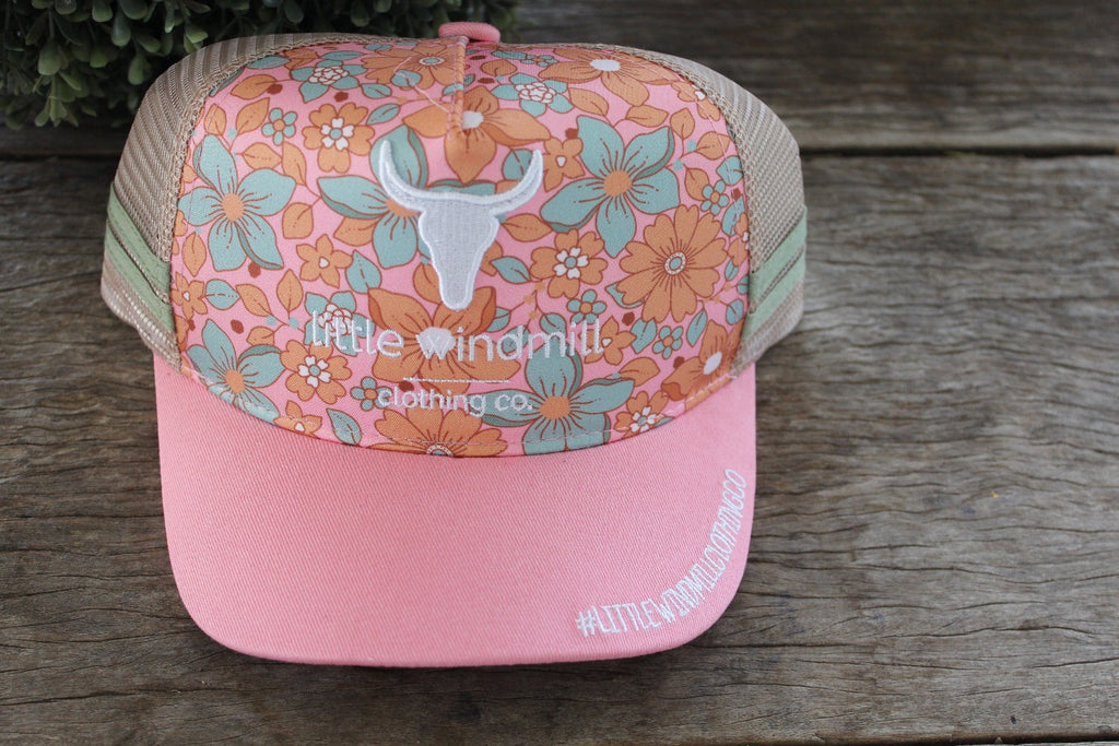 Little Toddlers / Youth Kids Flower Powder Trucker Caps-Little Windmill Clothing Co