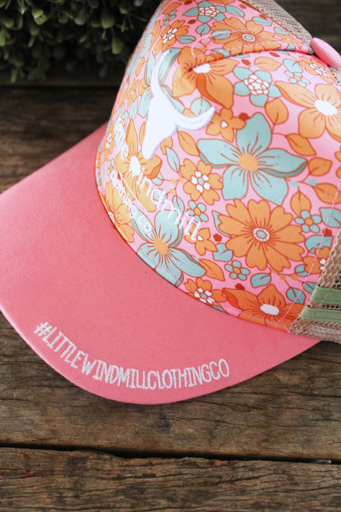 Little Toddlers / Youth Kids Flower Powder Trucker Caps-Little Windmill Clothing Co