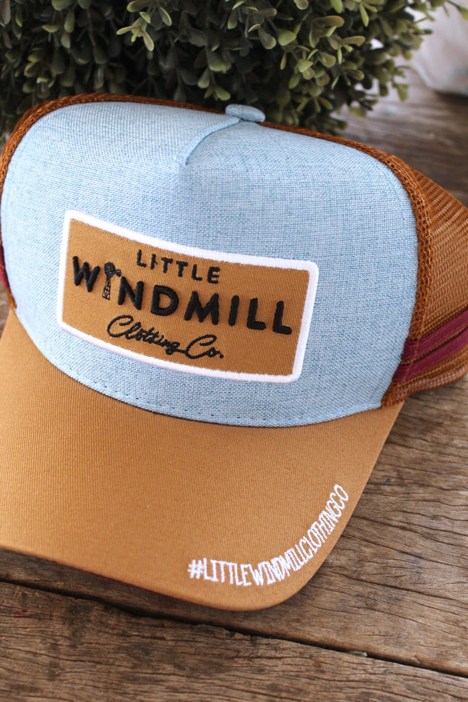 Little Toddlers / Youth Kids Vintage Blue Linen Trucker Caps-Little Windmill Clothing Co