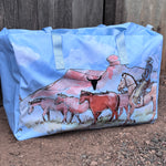 Pastel blue droving duffle bag print close-up showing detailed cattle droving print in pastel blue
