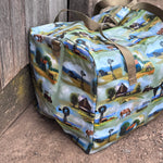 Vintage farm scene duffle bag print close-up showing detailed vintage farm scene illustration