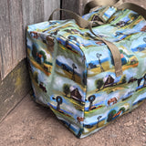 Vintage farm scene duffle bag print close-up showing detailed vintage farm scene illustration