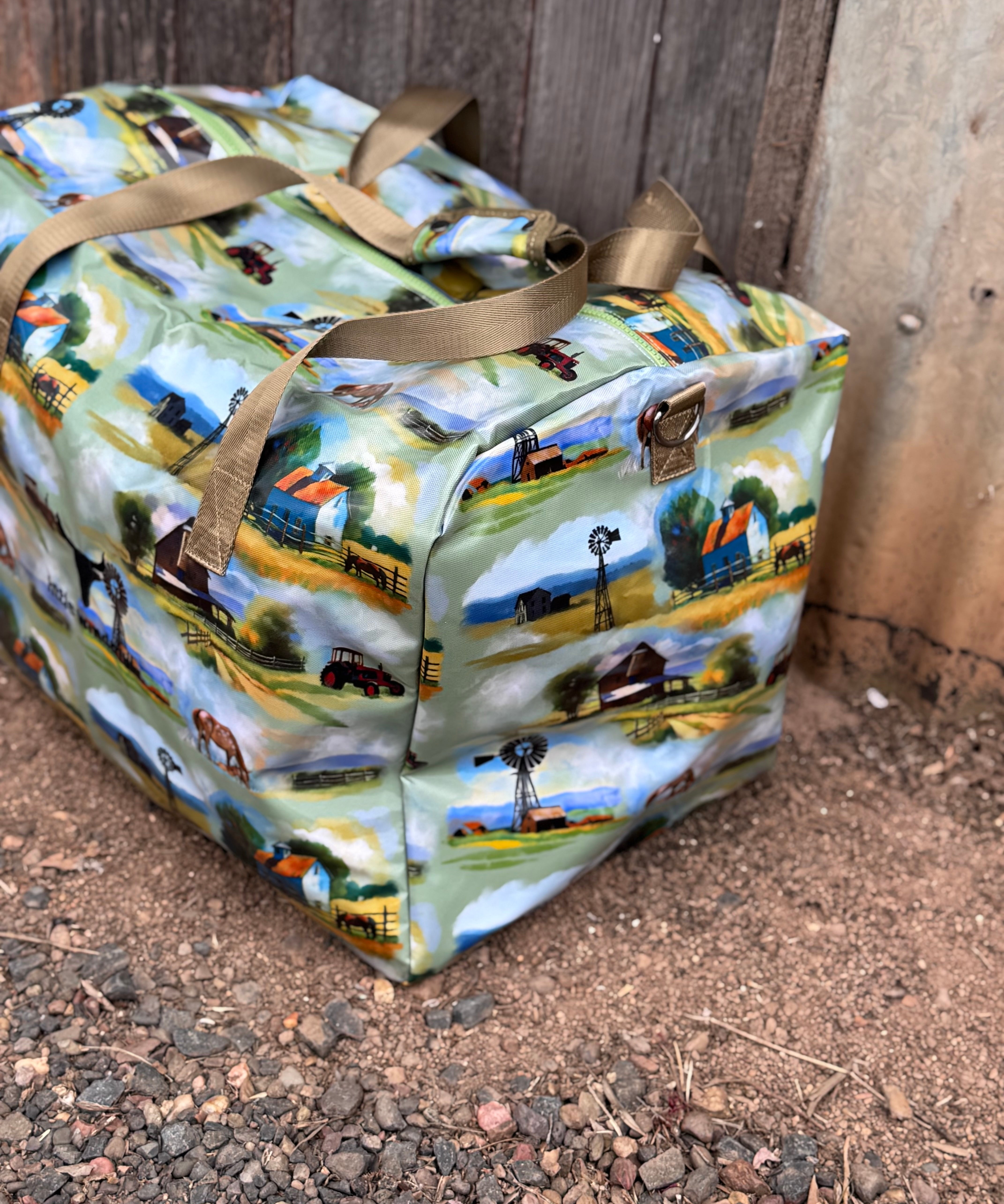 Vintage farm scene duffle bag open showing spacious interior and quality zip closure