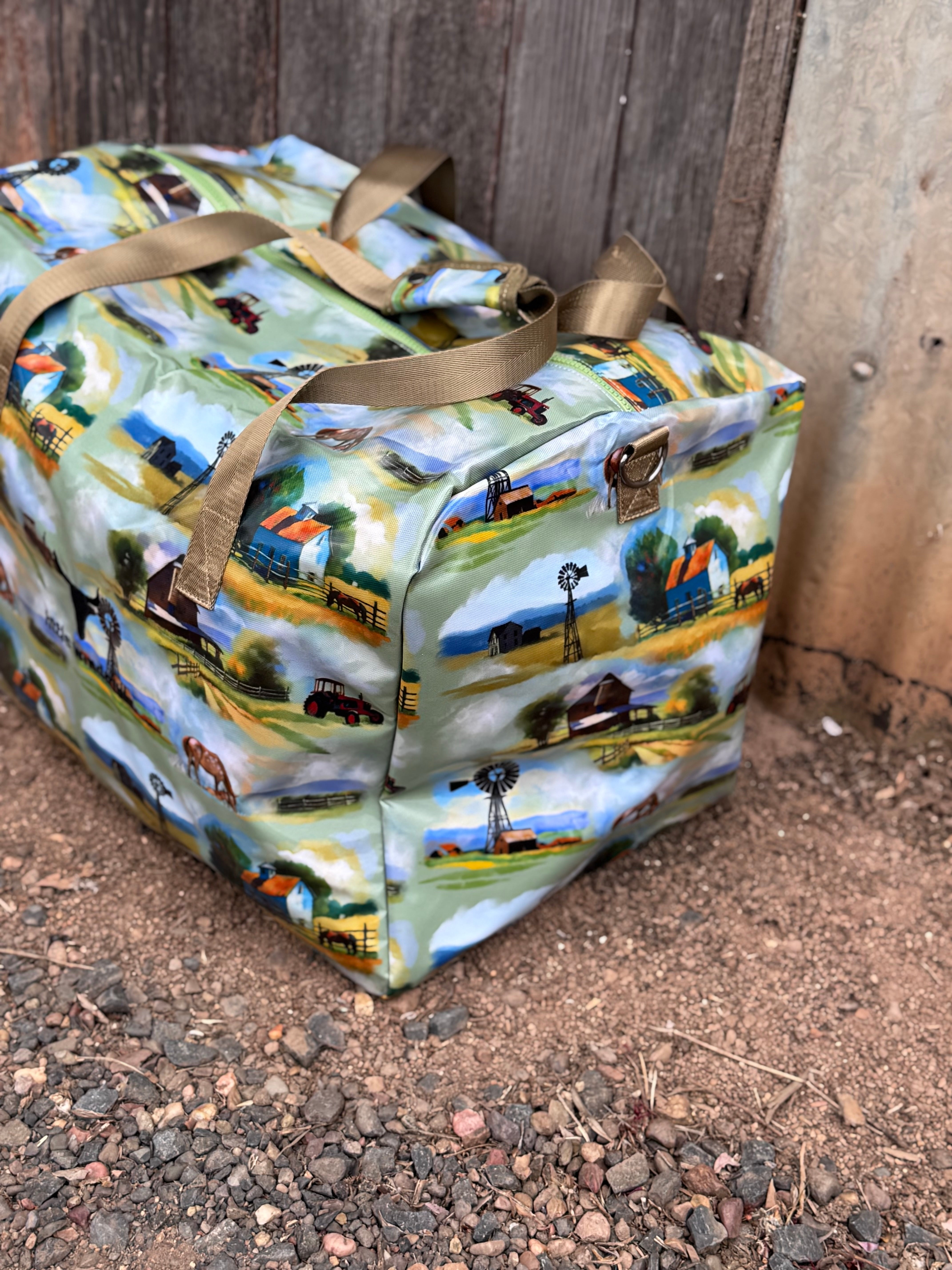 Vintage farm scene duffle bag open showing spacious interior and quality zip closure