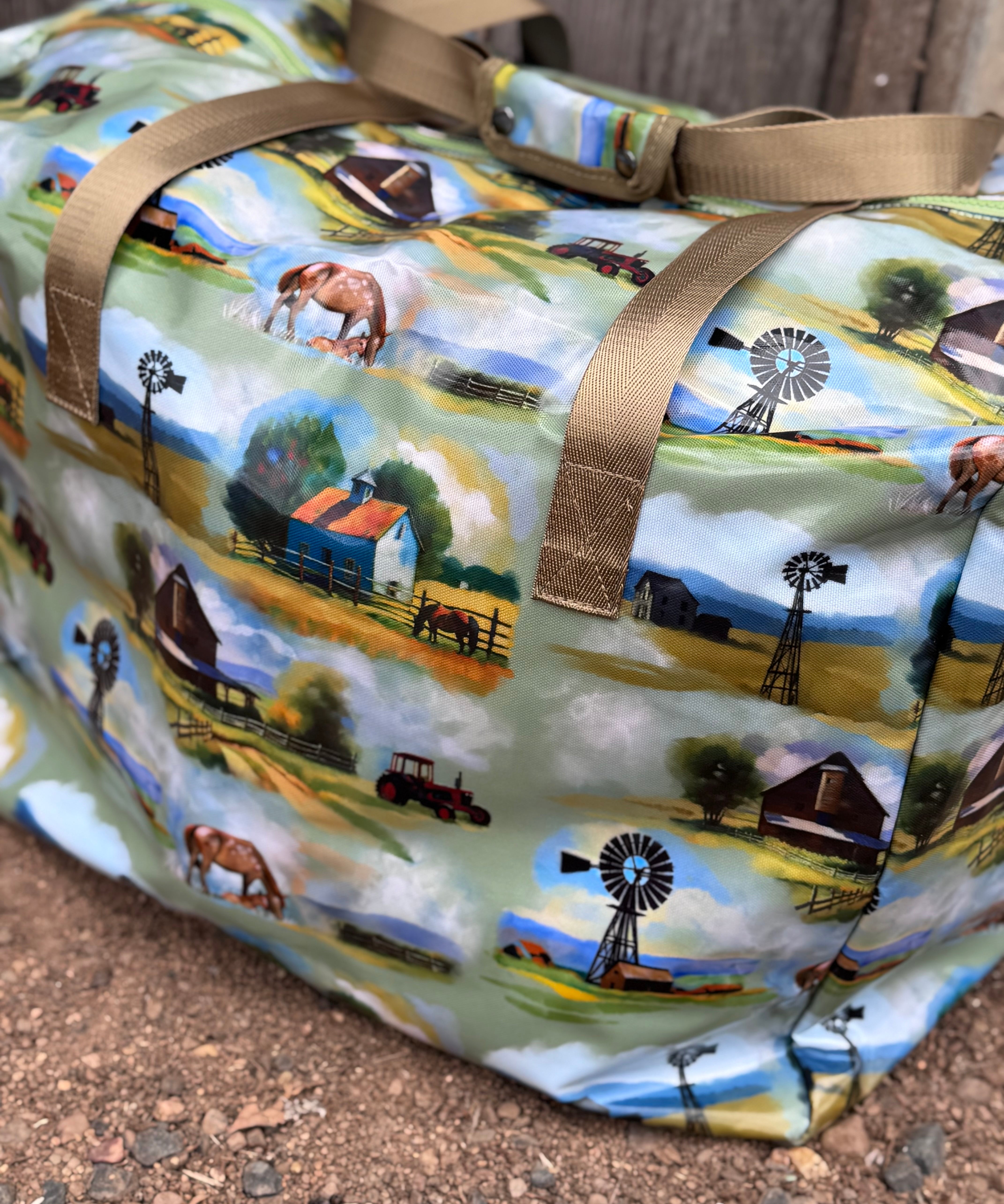 Vintage farm scene duffle bag side view showing roomy compartment and retro farm illustration