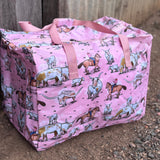 Pink longhorn duffle bag print close-up showing detailed longhorn cattle graphic in bold pink
