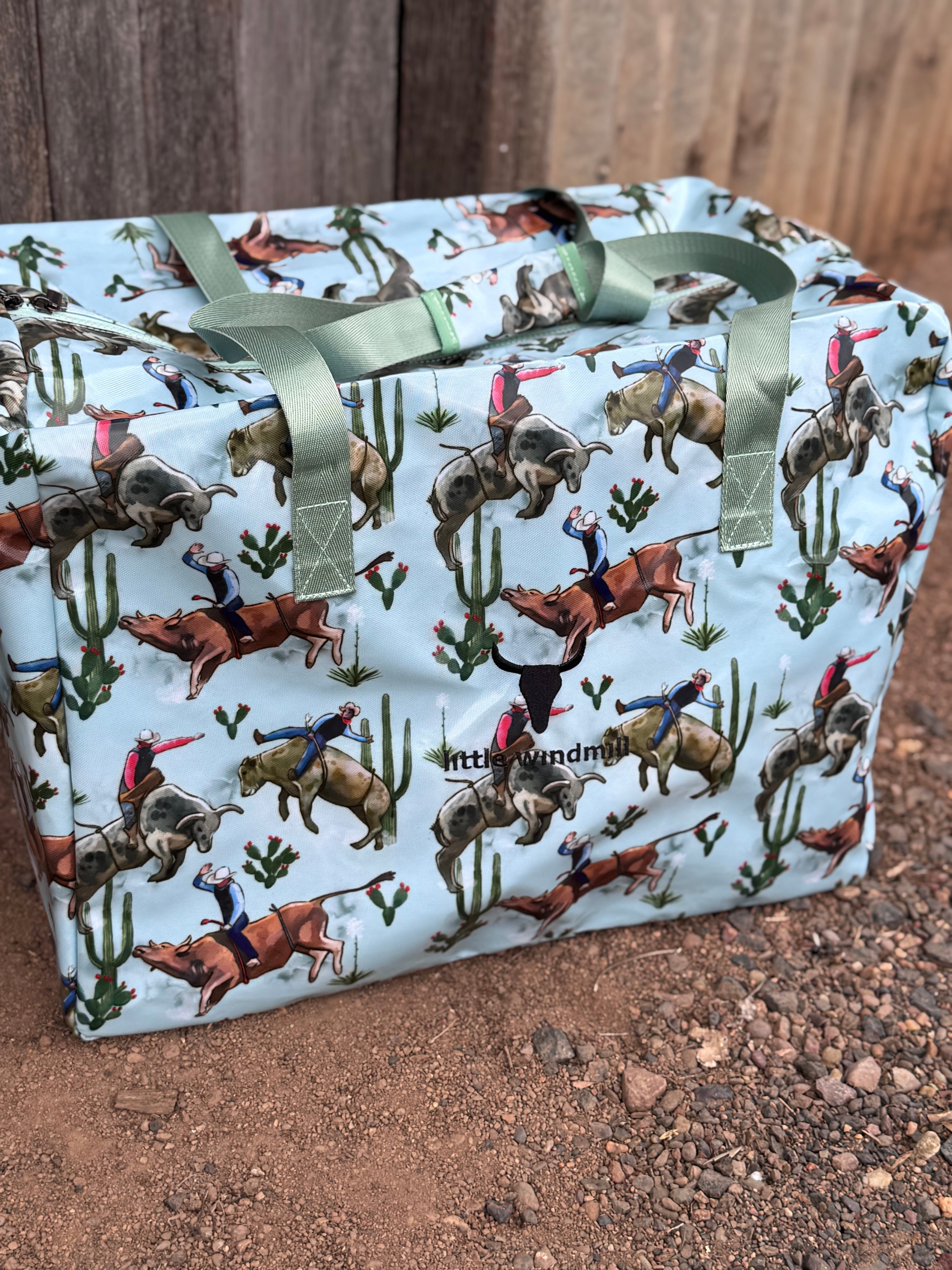 Bucking bull duffle bag print close-up showing detailed rodeo bucking bull graphic
