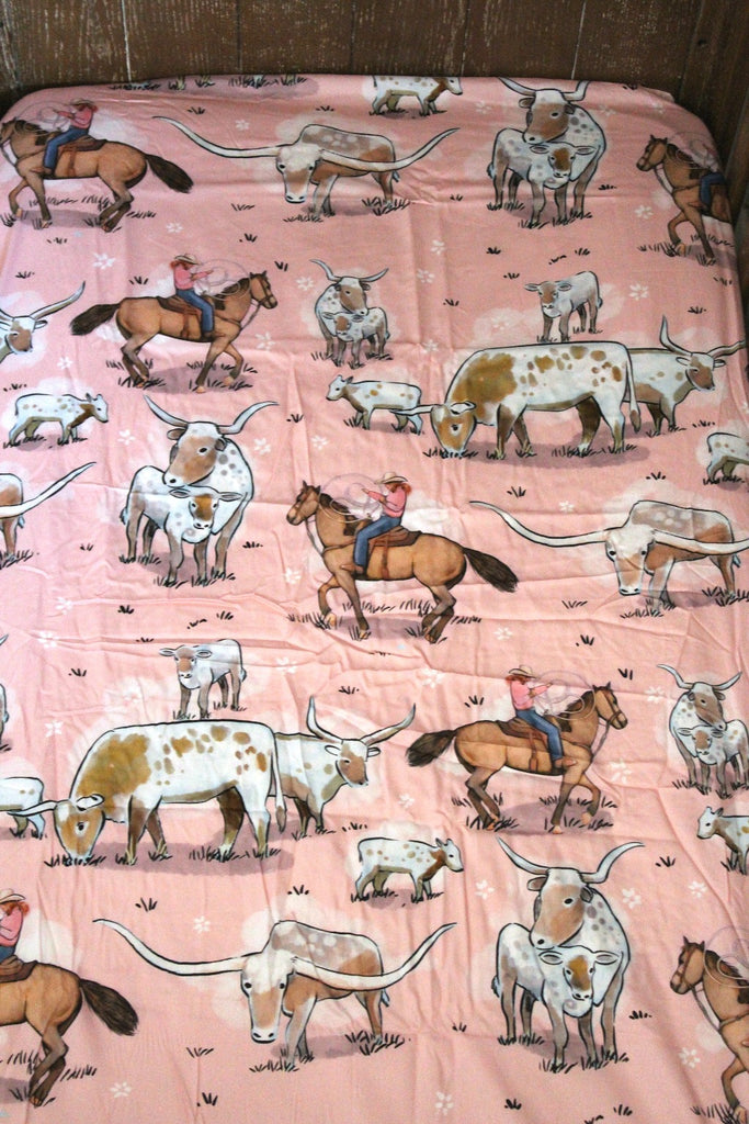Pink Longhorn Fitted Cot Sheet-Little Windmill Clothing Co