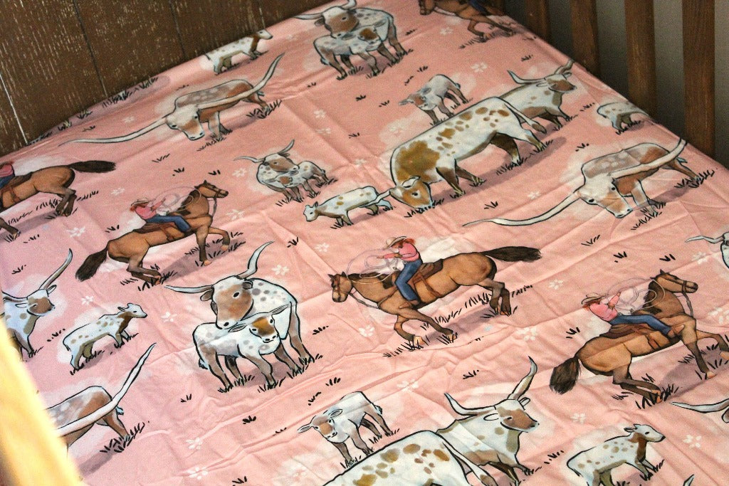 Pink Longhorn Fitted Cot Sheet-Little Windmill Clothing Co