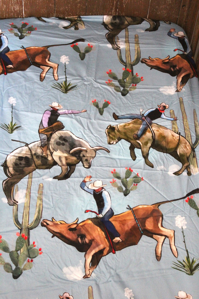 Blue Bull Rider Fitted Cot Sheet-Little Windmill Clothing Co