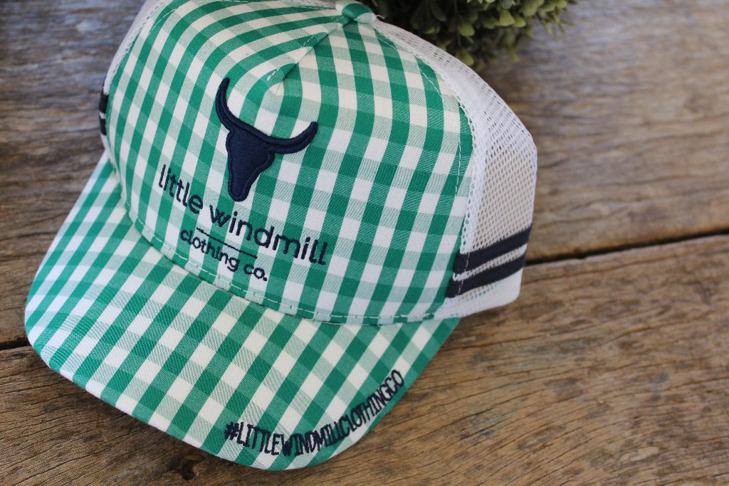 Little Toddlers / Youth Kids Green Gingham Trucker Caps-Little Windmill Clothing Co