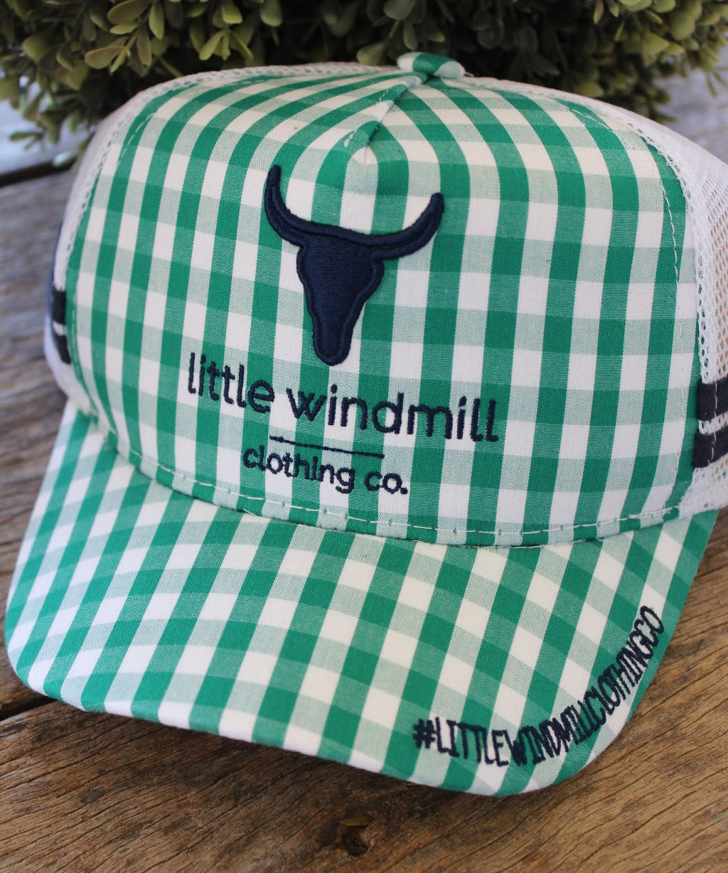 Toddlers and youth kids wearing green gingham trucker caps with mesh tops and adjustable straps
