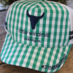 Toddlers and youth kids wearing green gingham trucker caps with mesh tops and adjustable straps
