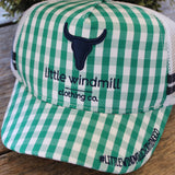 Toddlers and youth kids wearing green gingham trucker caps with mesh tops and adjustable straps
