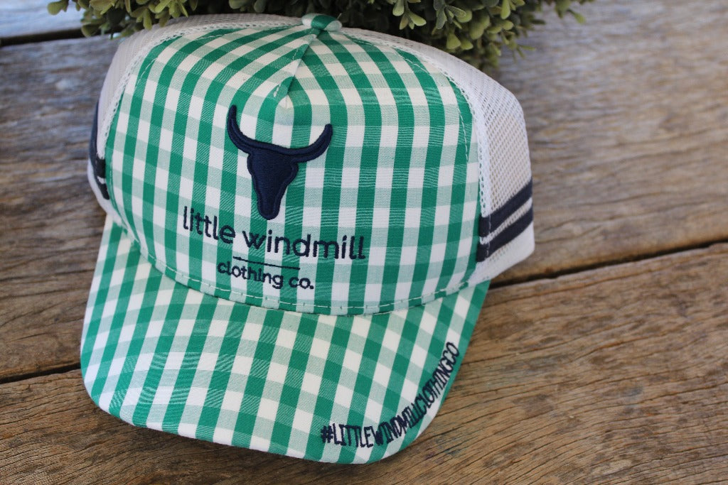 Little Toddlers / Youth Kids Green Gingham Trucker Caps-Little Windmill Clothing Co