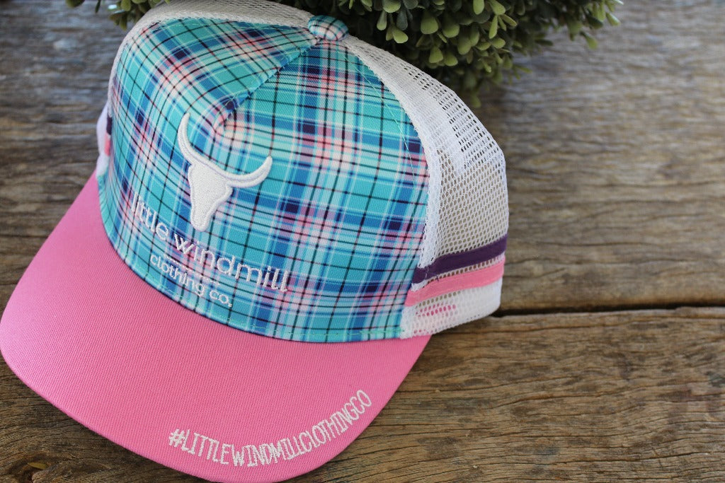 Little Toddlers / Youth Kids Teal Checked Trucker Caps-Little Windmill Clothing Co