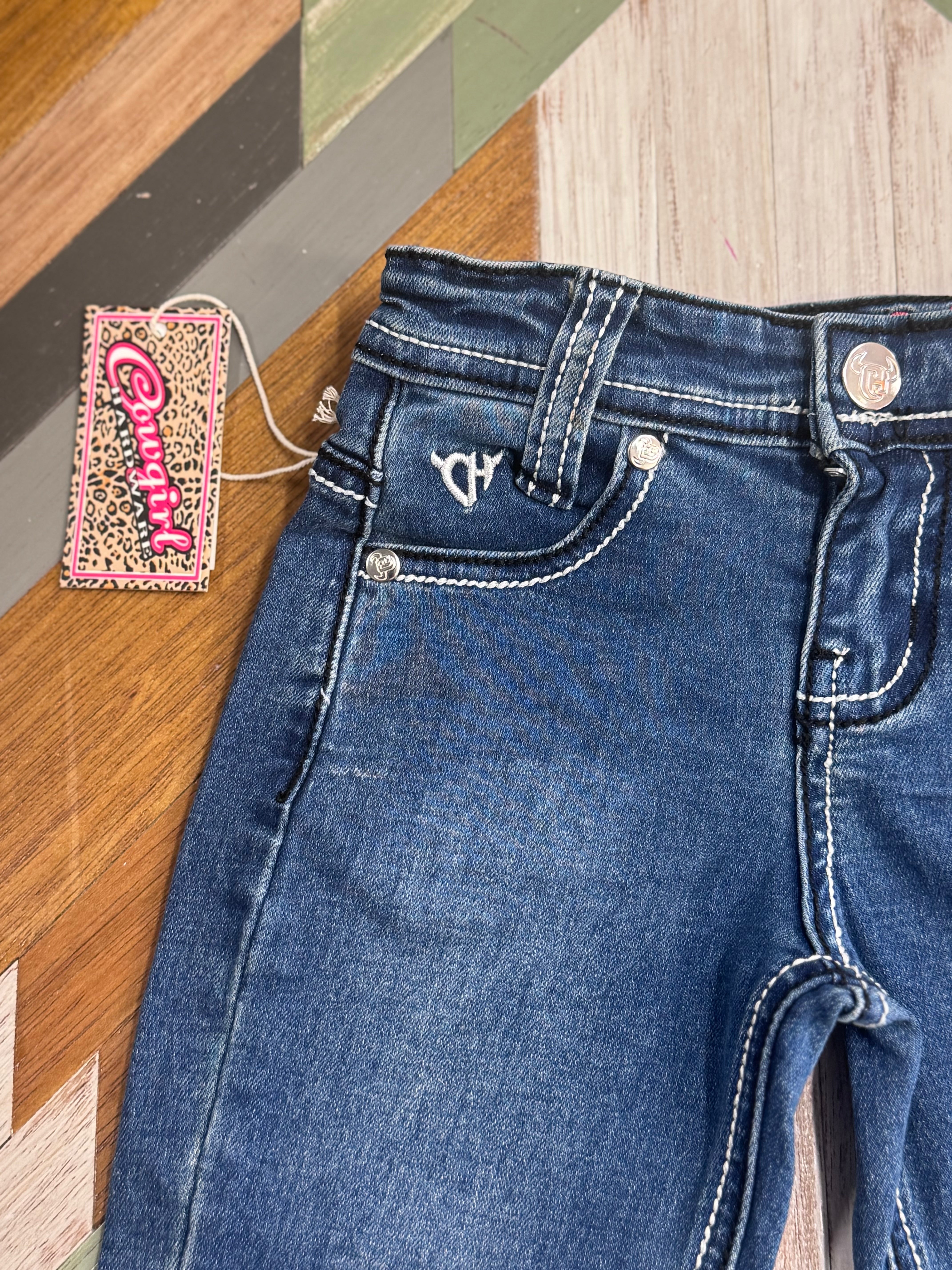 Hardware Cowgirl running horse toddler jeans embroidery close-up showing detailed running horse motif