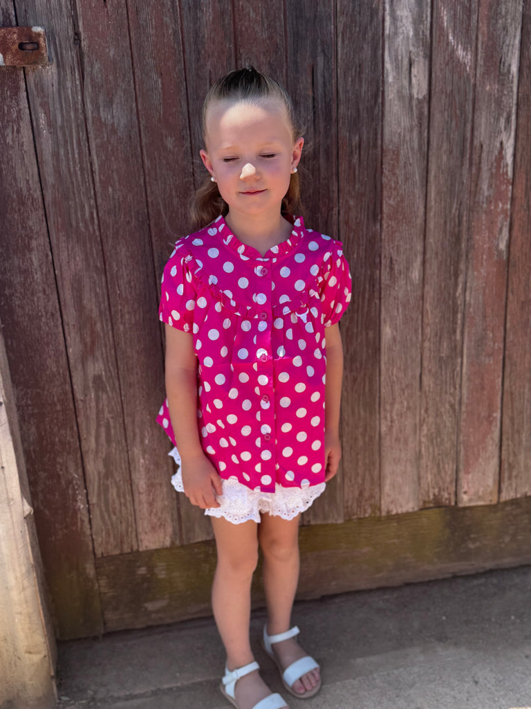 "Kansas" Polkadot Pink Short Sleeve Blouse-Little Windmill Clothing Co