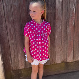Kansas polkadot pink short sleeve blouse collar detail showing cute neckline finish