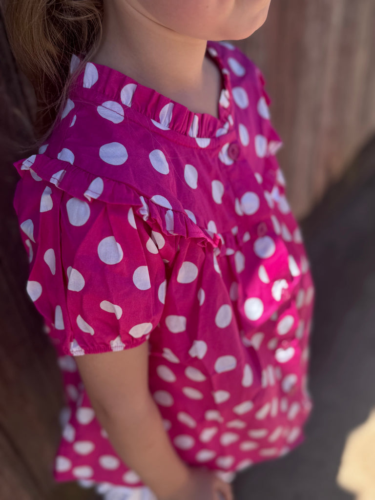 "Kansas" Polkadot Pink Short Sleeve Blouse-Little Windmill Clothing Co
