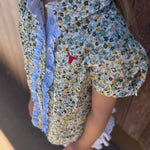 Dorothy soft blue floral sleeve blouse flatlay showing full soft blue floral blouse design