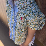 Dorothy soft blue floral sleeve blouse flatlay showing full soft blue floral blouse design