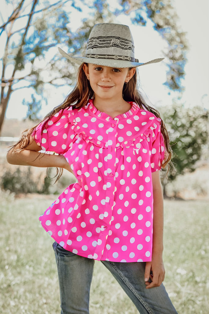 "Kansas" Polkadot Pink Short Sleeve Blouse-Little Windmill Clothing Co