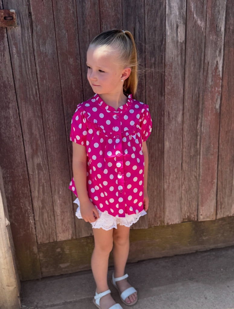 "Kansas" Polkadot Pink Short Sleeve Blouse-Little Windmill Clothing Co