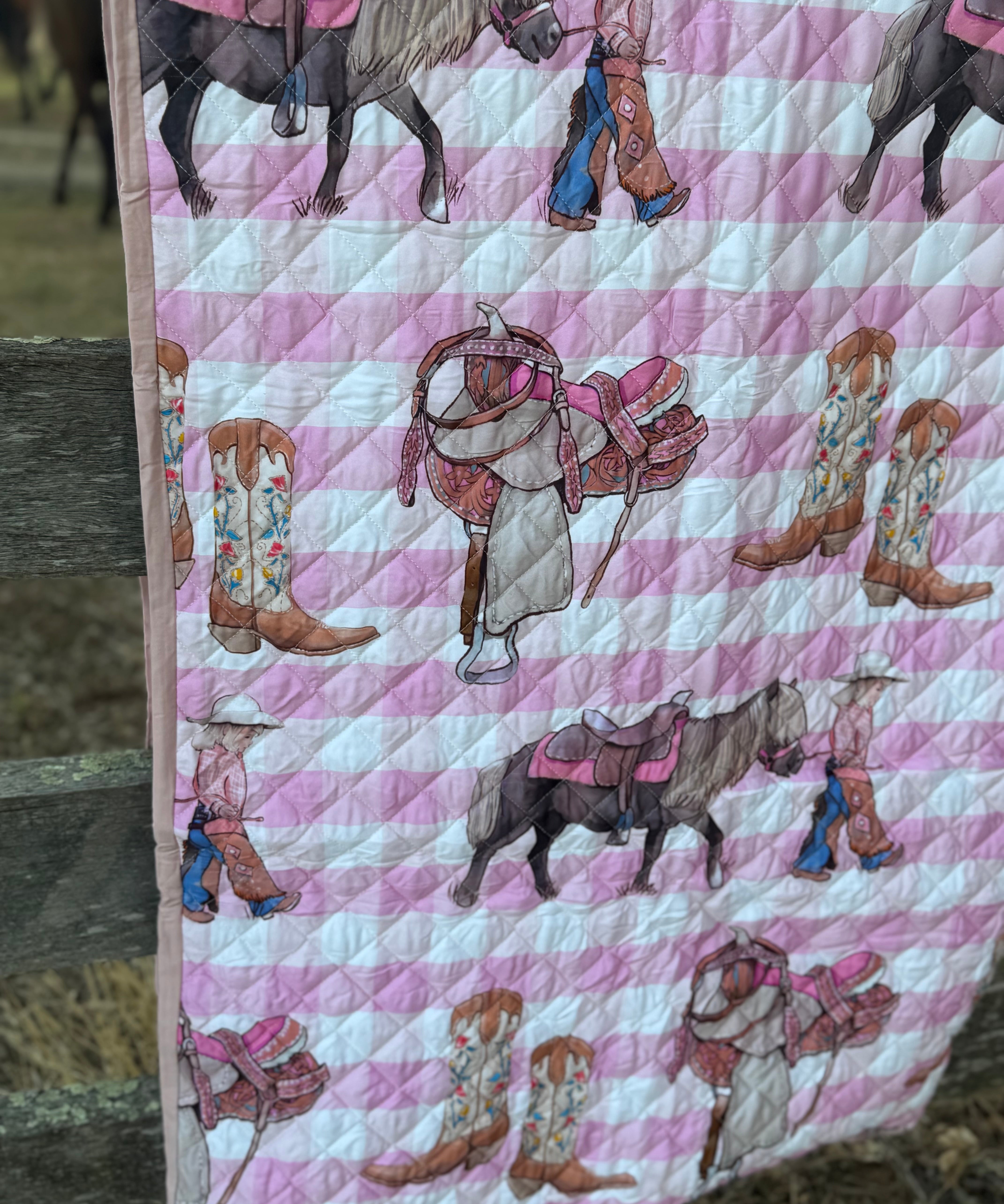 Cowgirl Life coverlet duvet insert flatlay showing full cowgirl life scene print