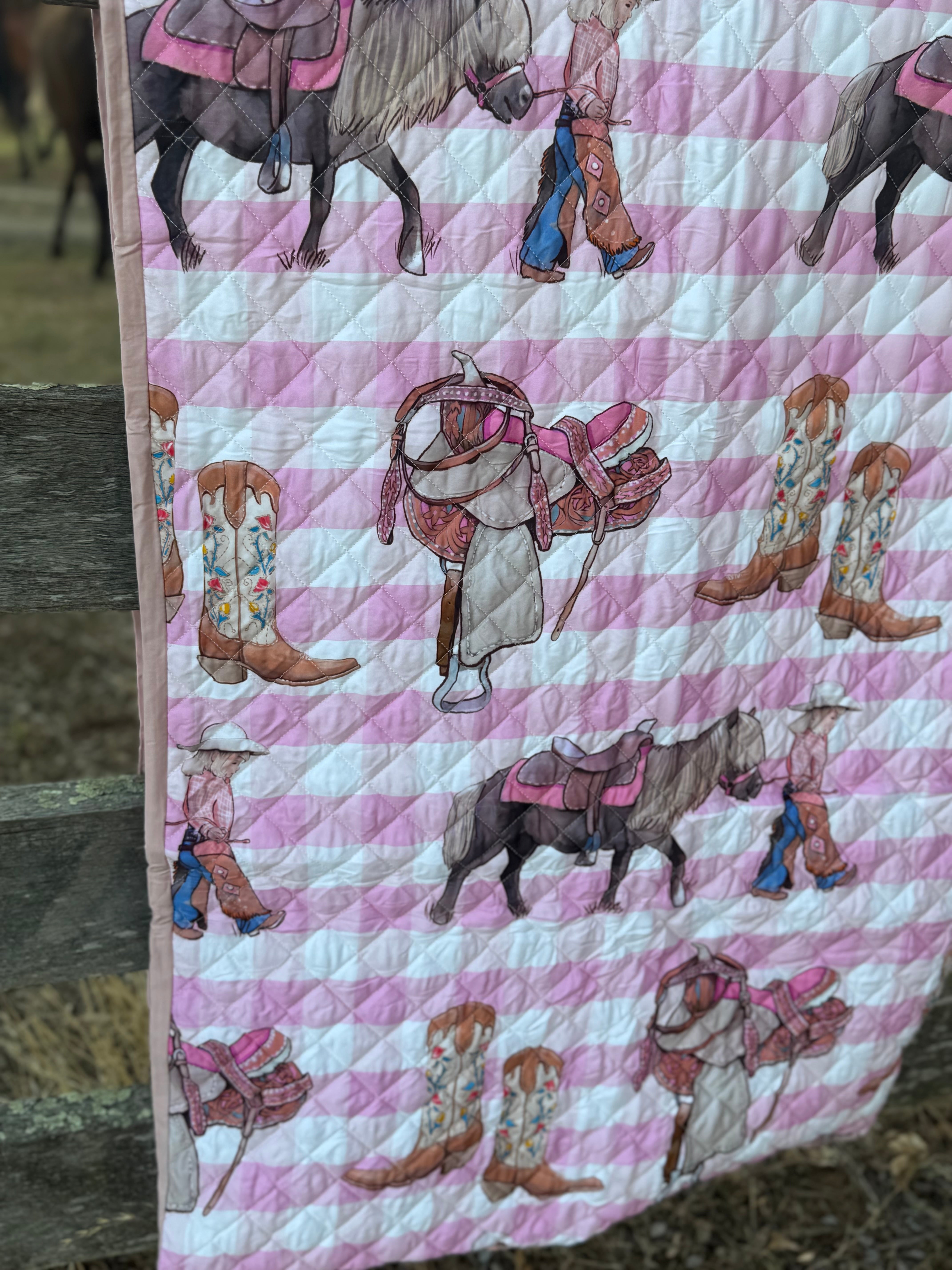 Cowgirl Life coverlet duvet insert flatlay showing full cowgirl life scene print