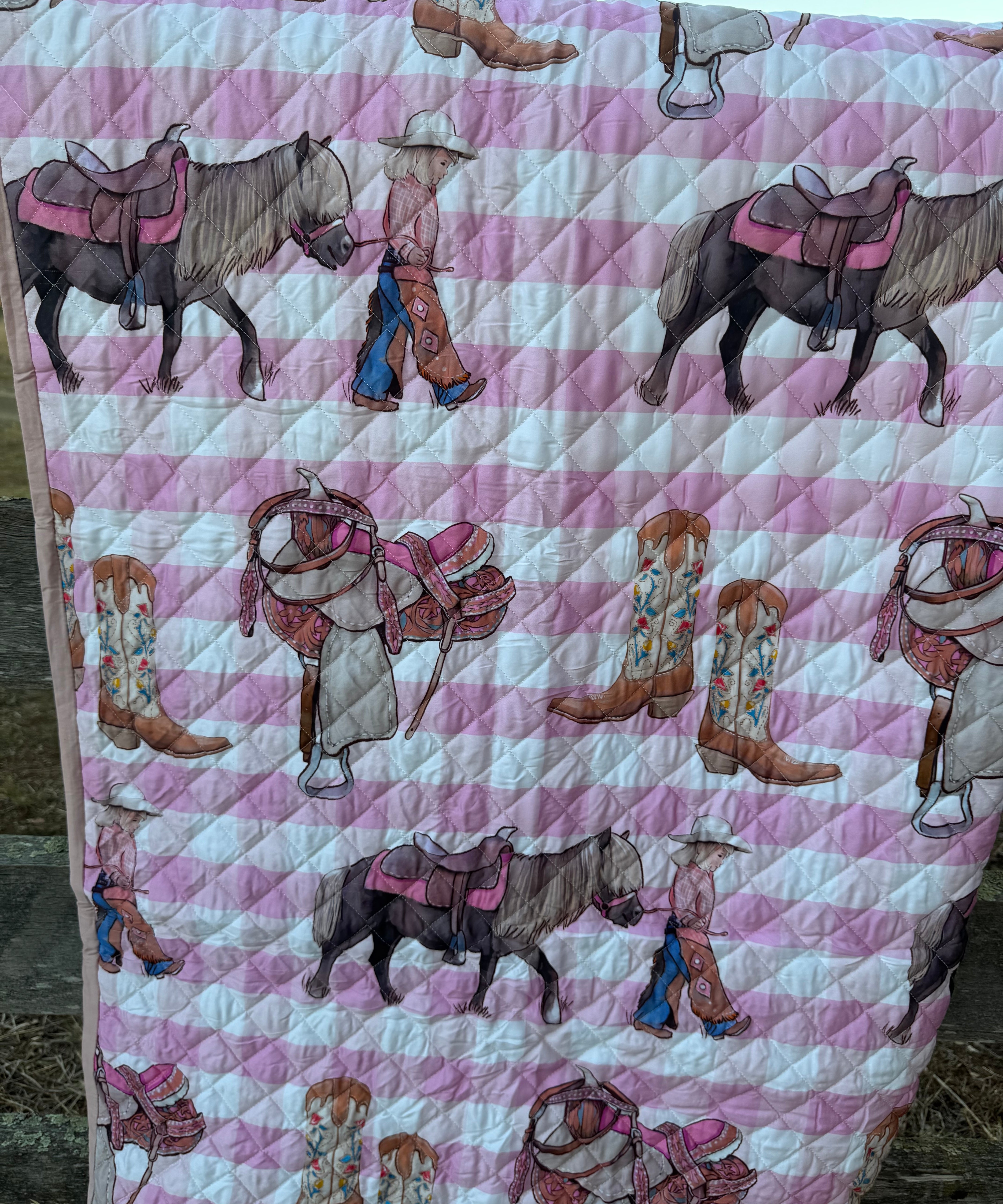 Cowgirl Life coverlet duvet insert showing cowgirl print detail on quality quilt