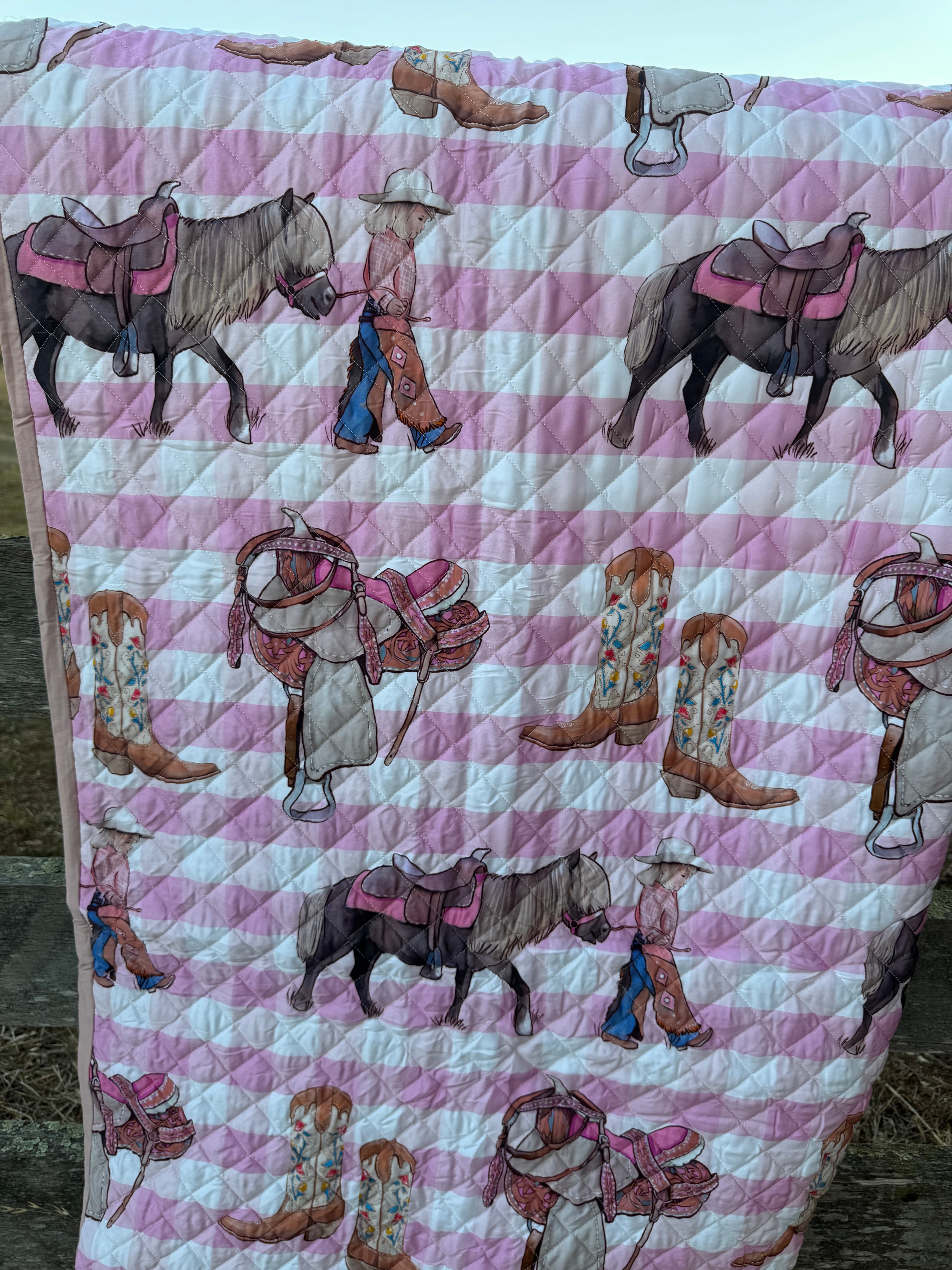 Cowgirl Life coverlet duvet insert showing cowgirl print detail on quality quilt