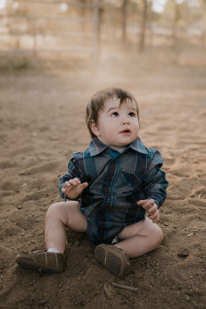 "Jamie Baby" Checked Storm Blue Long Sleeve Romper-Little Windmill Clothing Co